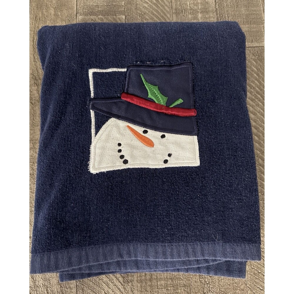 Vtg Cotton Bath Towel Navy Blue Embroidered Snowman Top Hat Holly Cotton 27 x 47